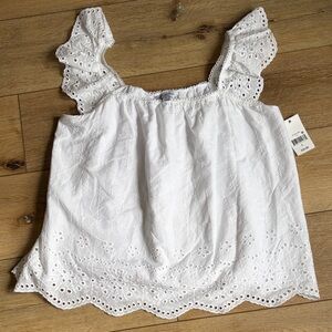 Romantic White Smocked Eyelet Flutter Sleeve Tank Top Women's XL NWT